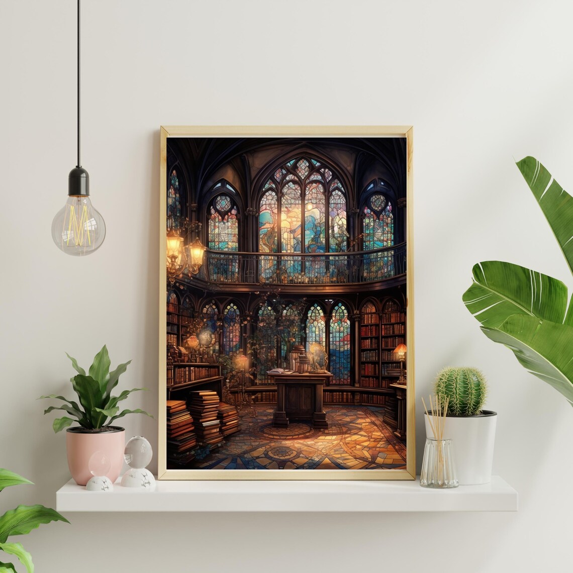 Magical Gothic Library with Stained Glass Windows Painting Poster - Image 5