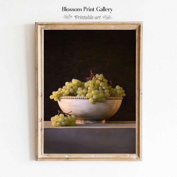 Moody Grapes Painting Vintage Fruit Still Life Kitchen Home Decor Antique Oil Painting Country Kitchen Wall Art 359