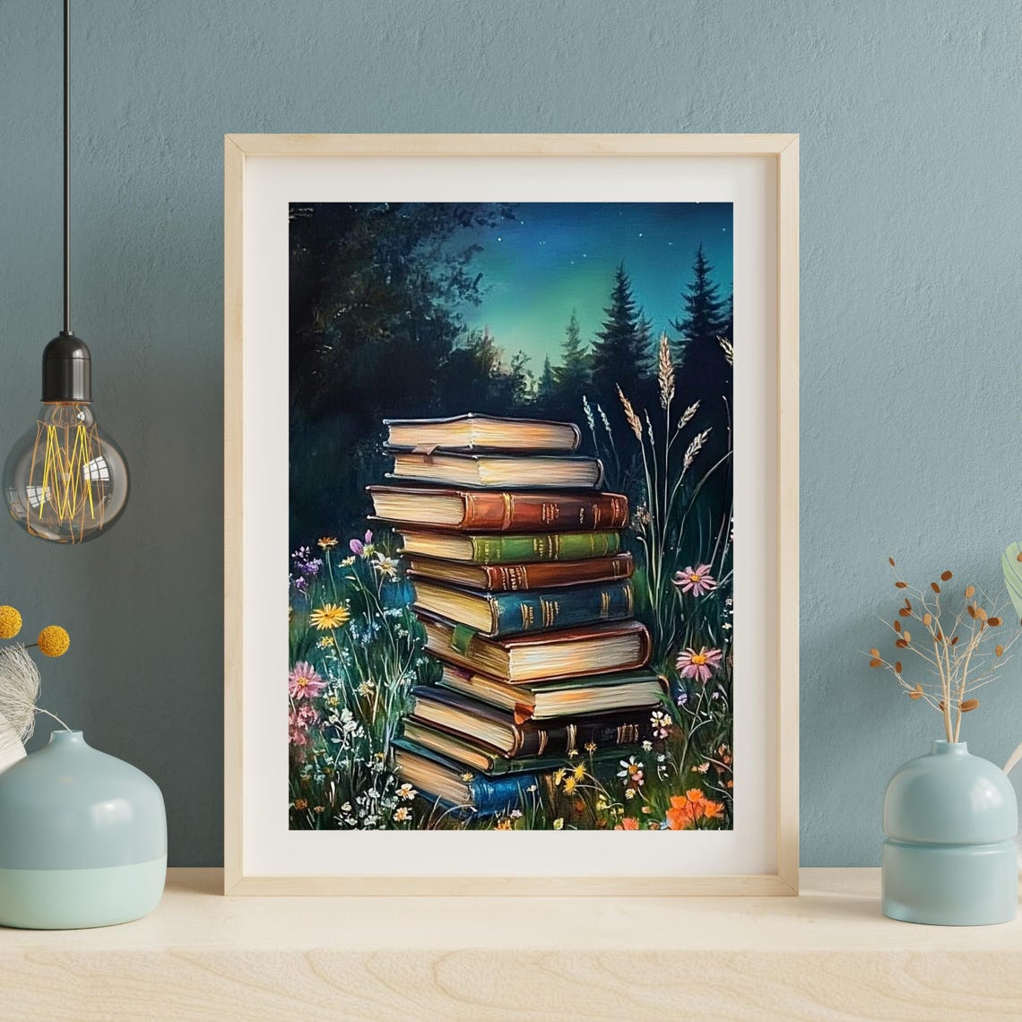 Stack of Old Books in a Moonlit Meadow Enchanted Night Poster - Image 4