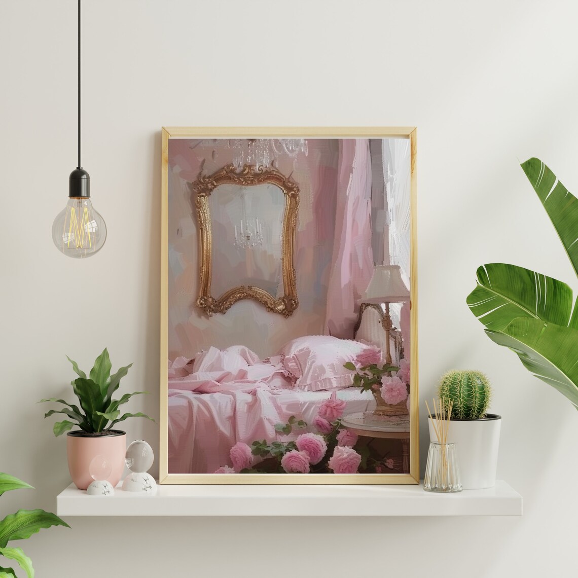Pink Coquette Bedroom with Gold Mirror Vintage Oil Painting Poster - Image 3