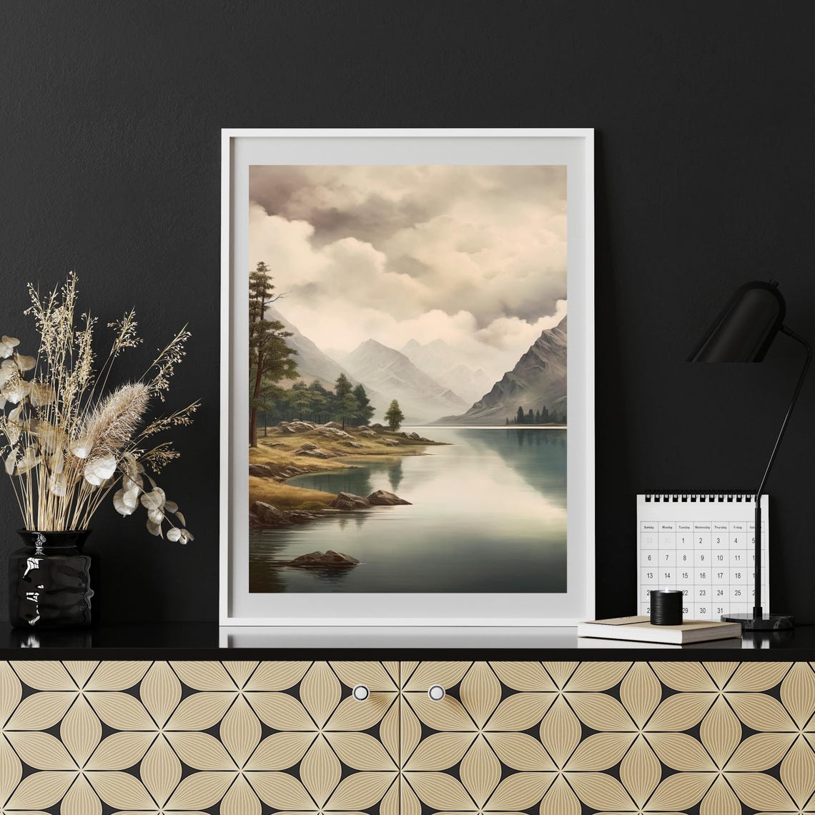 Moody Mountain Lake Under Cloudy Skies with Pine Trees Poster - Image 5