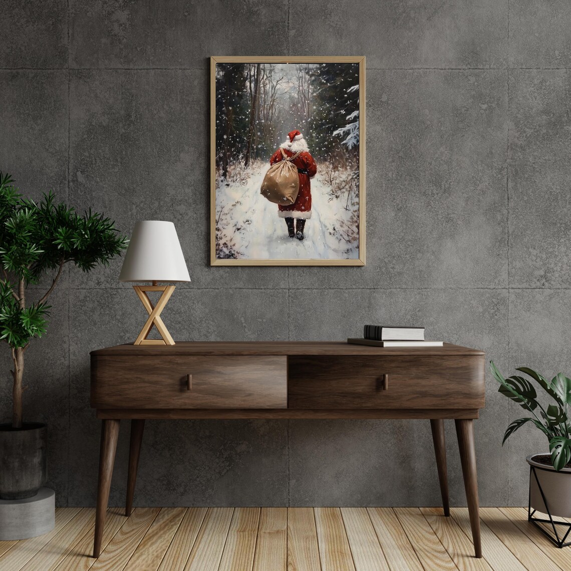 Santa Claus Walking Through Snowy Forest Christmas Vintage Poster - Image 6