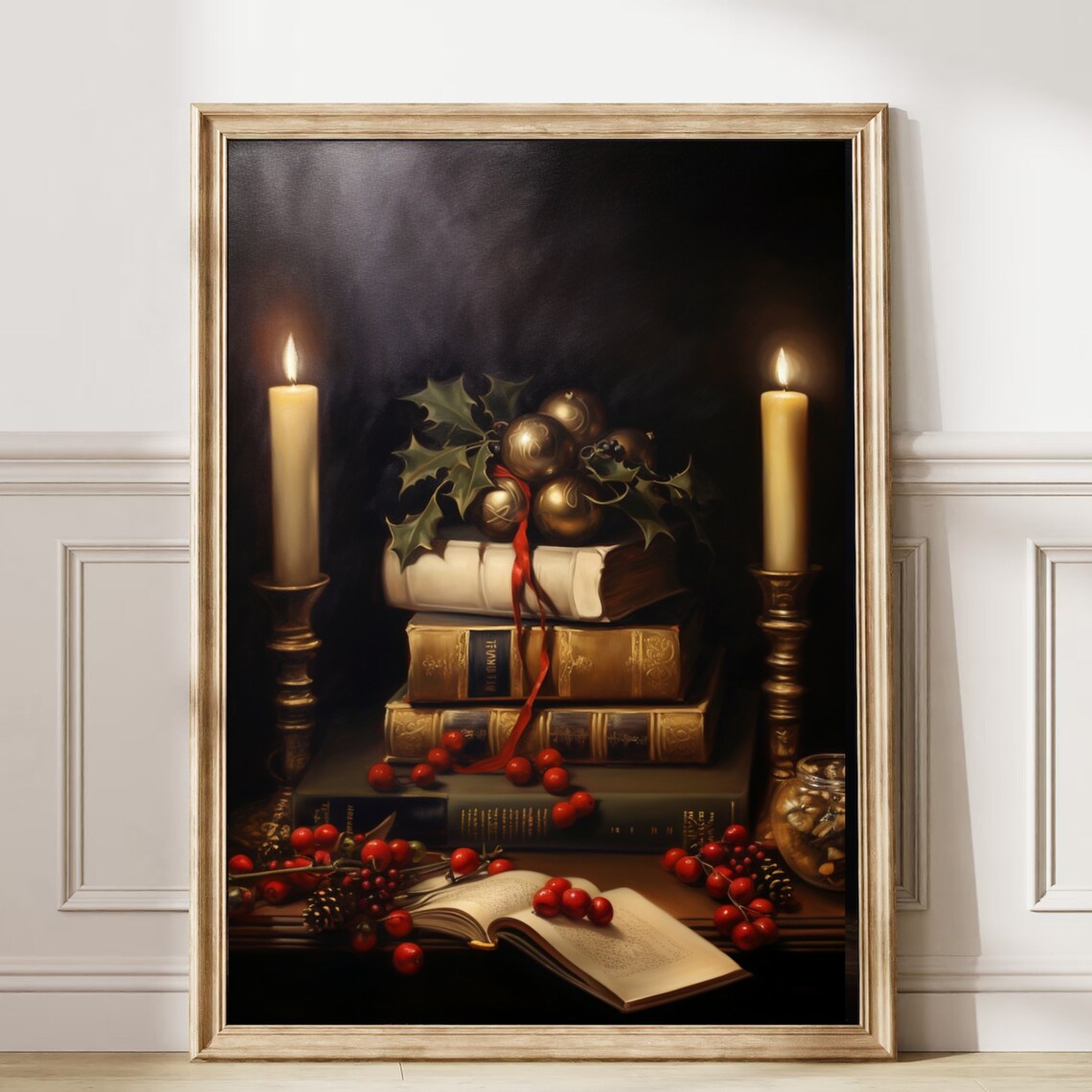 Candlelit Books Holly Berries Christmas Still Life Painting Poster - Image 6