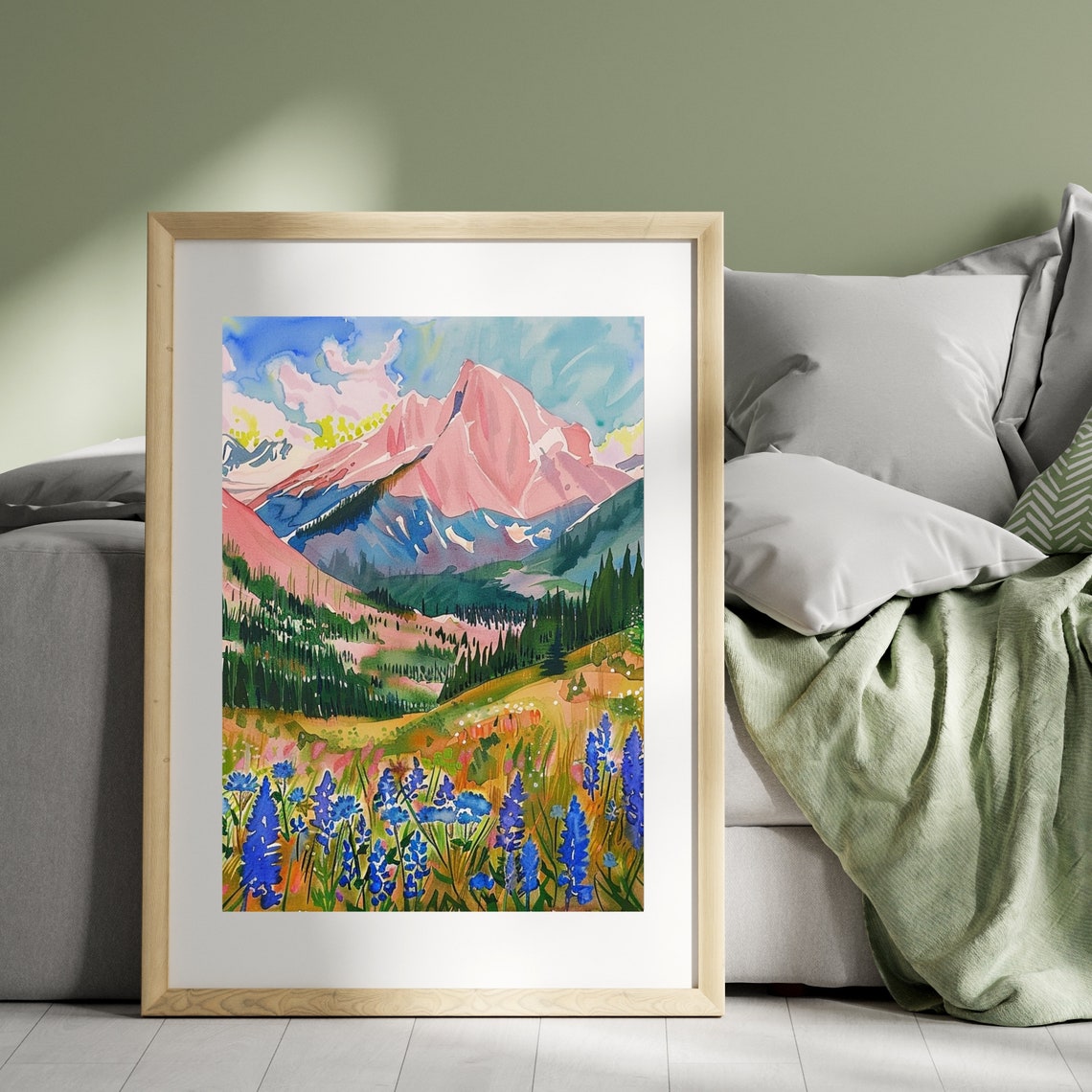 Pink Alpine Peak Above a Blue Lupine Meadow Watercolor Poster - Image 4
