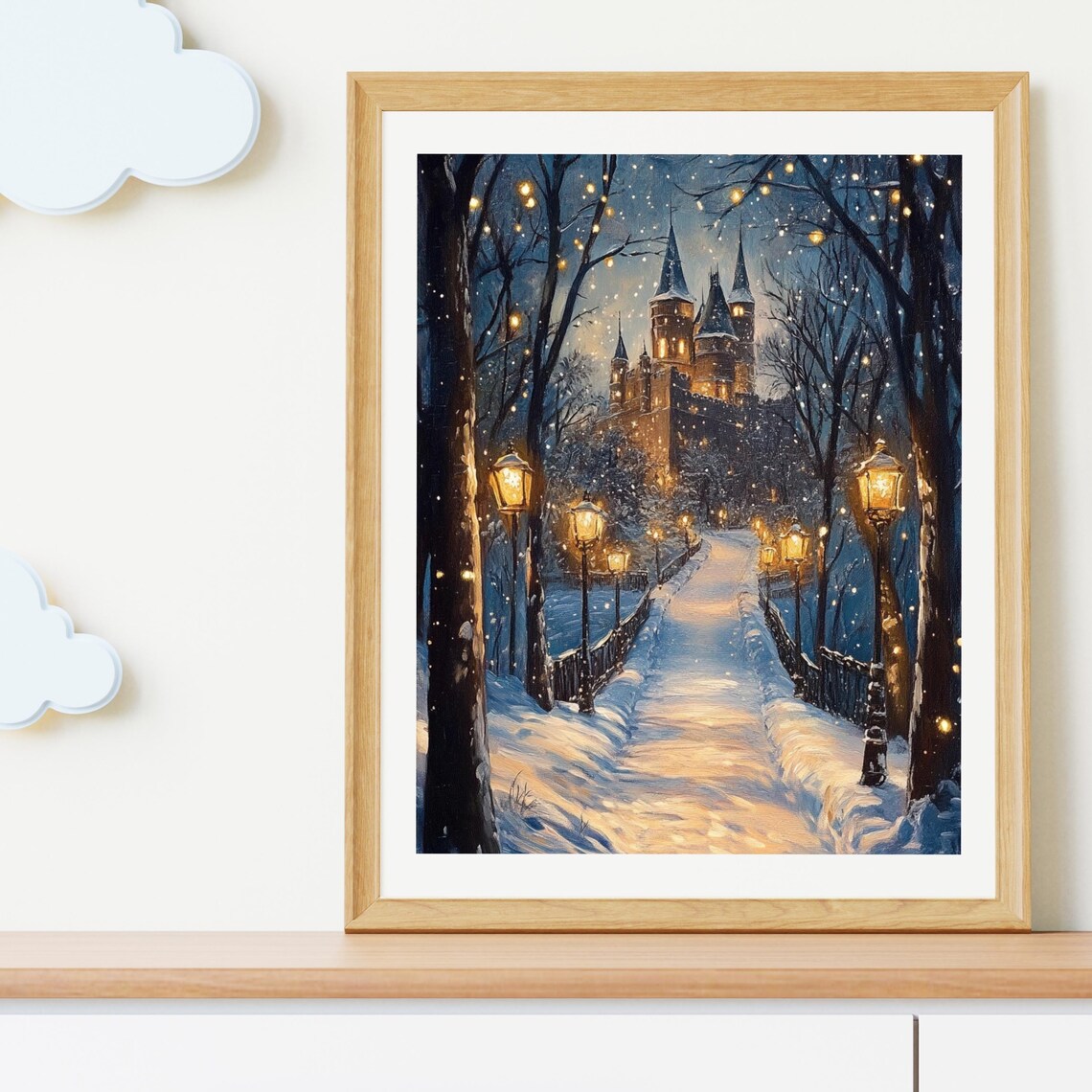 Snowy Lamplit Path To Illuminated Castle Winter Night Poster - Image 2