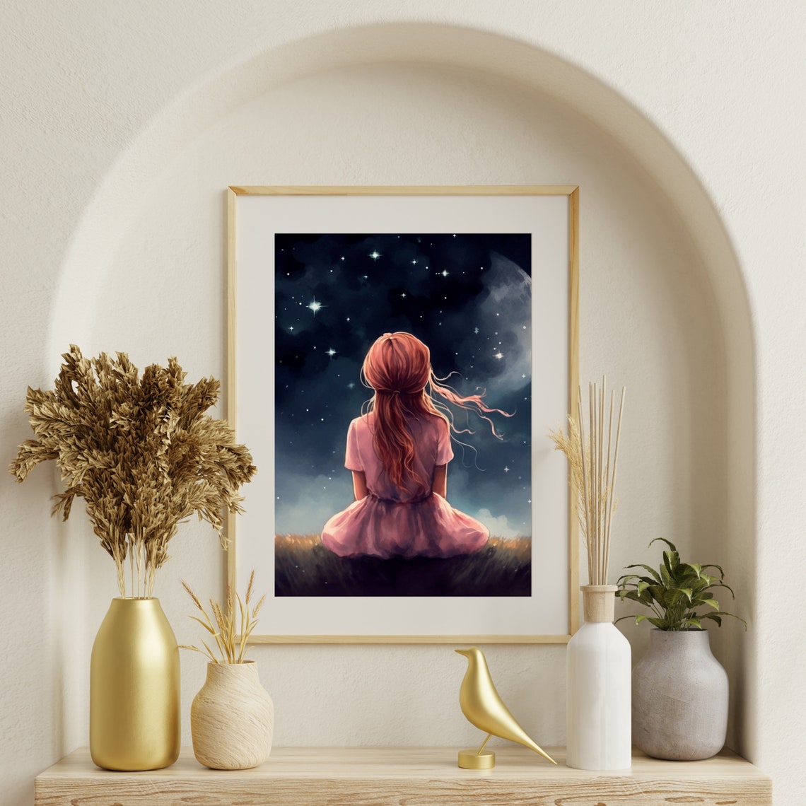 Little Girl Watching Stars and Moon Night Sky Painting Poster - Image 3