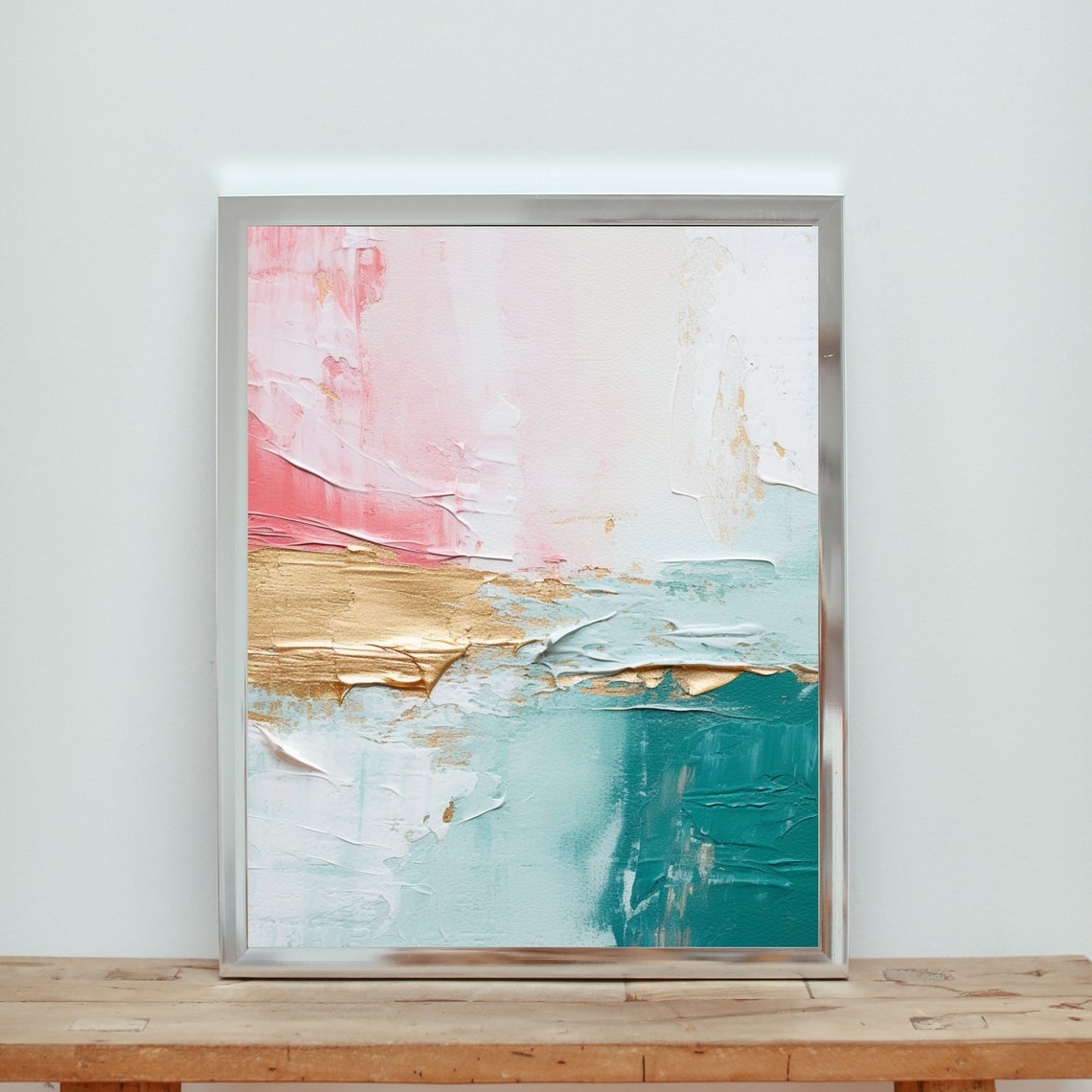 Abstract Impasto Pink Gold Teal Textured Modern Painting Poster - Image 4