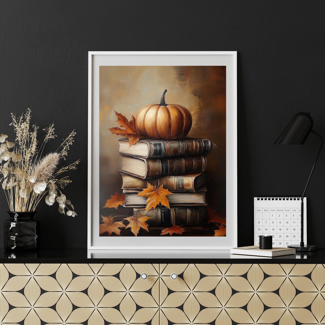 Pumpkin on a Stack of Books with Maple Leaves Autumn Fall Poster - Image 6