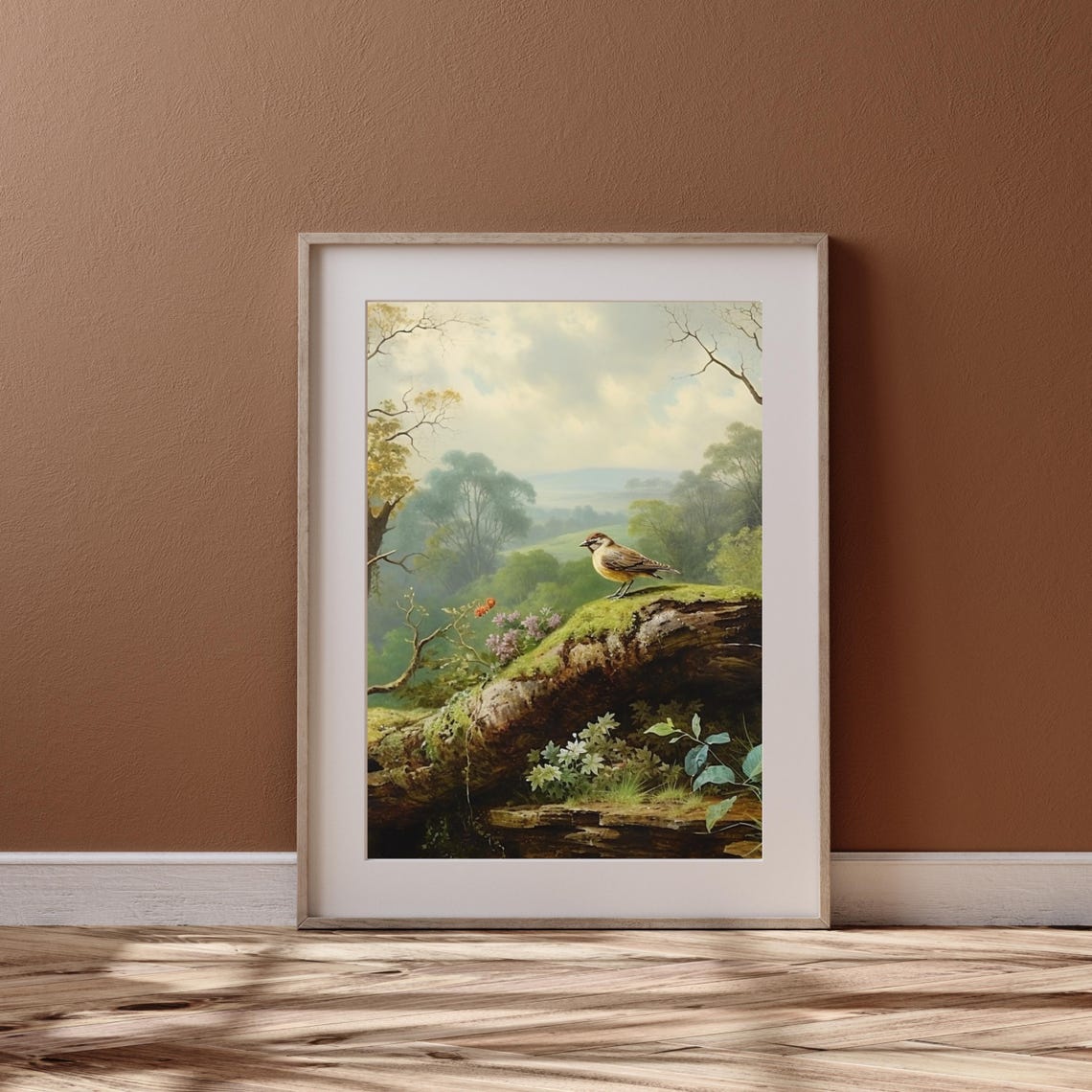 Songbird On Mossy Log Lush Green Forest Valley Painting Poster - Image 5
