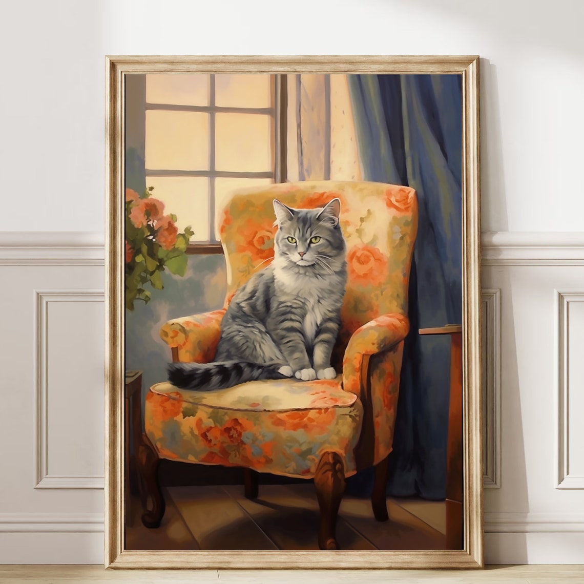 Grey Tabby Cat On Vintage Floral Armchair Cozy Window Portrait Poster - Image 6