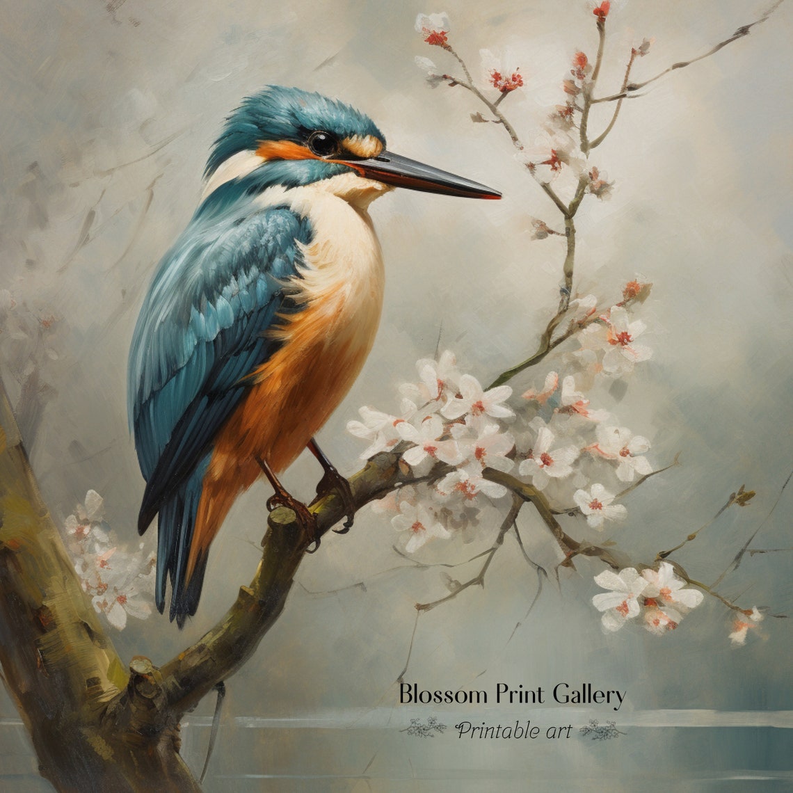 Kingfisher On Cherry Blossom Branch Vintage Bird Painting Poster - Image 2
