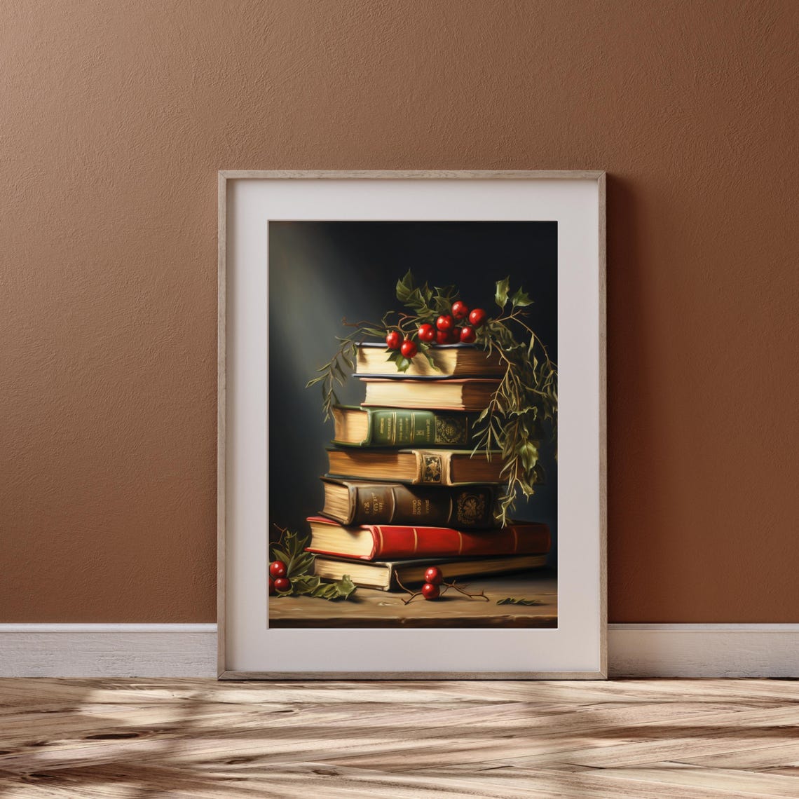 Dark Vintage Books Stack With Holly Berries Christmas Poster - Image 5