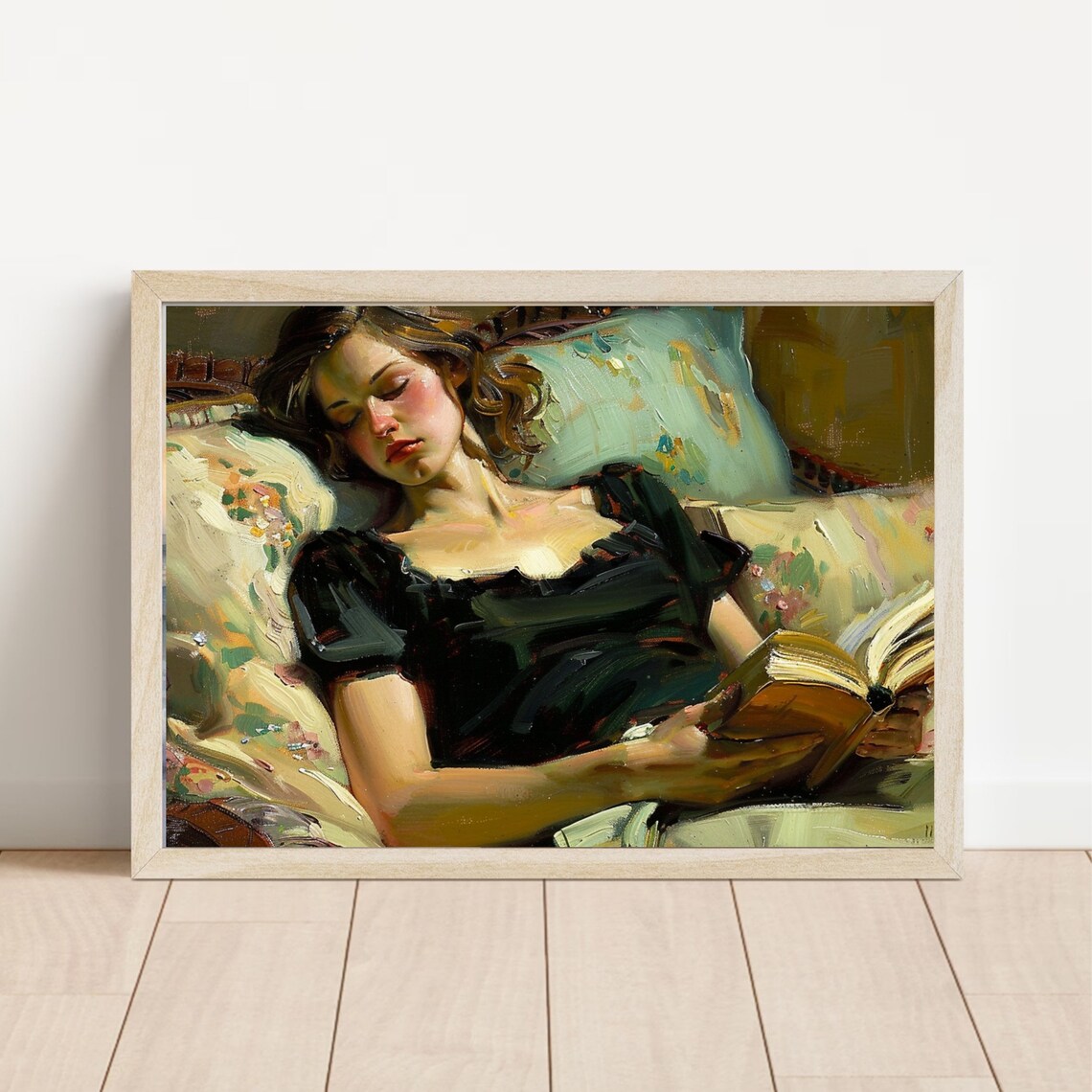 Young Woman Reading Book On Floral Chaise Vintage Oil Poster - Image 6