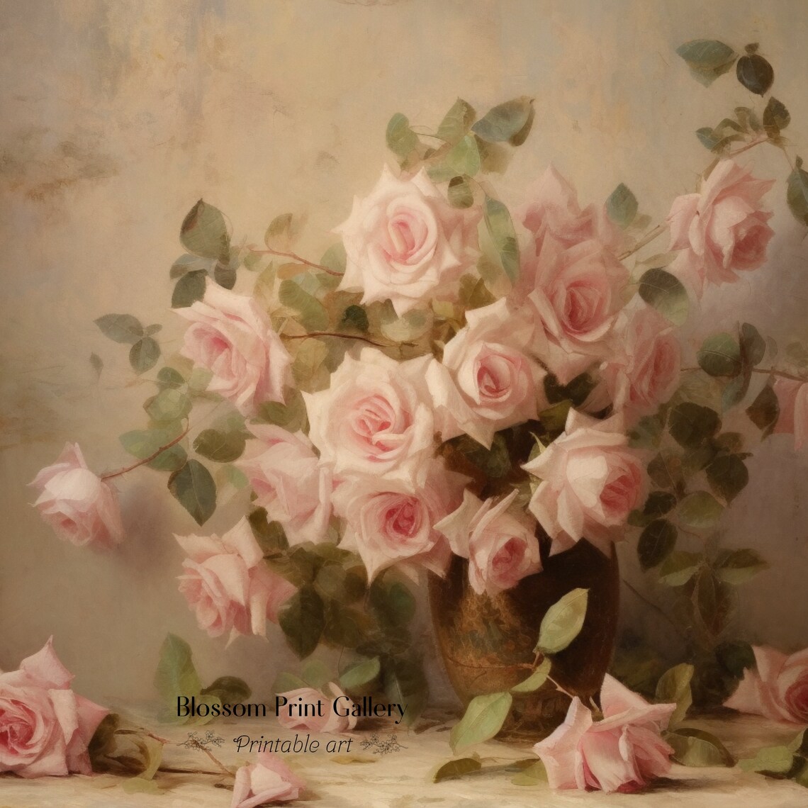 Soft Pink Roses Bouquet In Vase Vintage Floral Painting Poster - Image 3