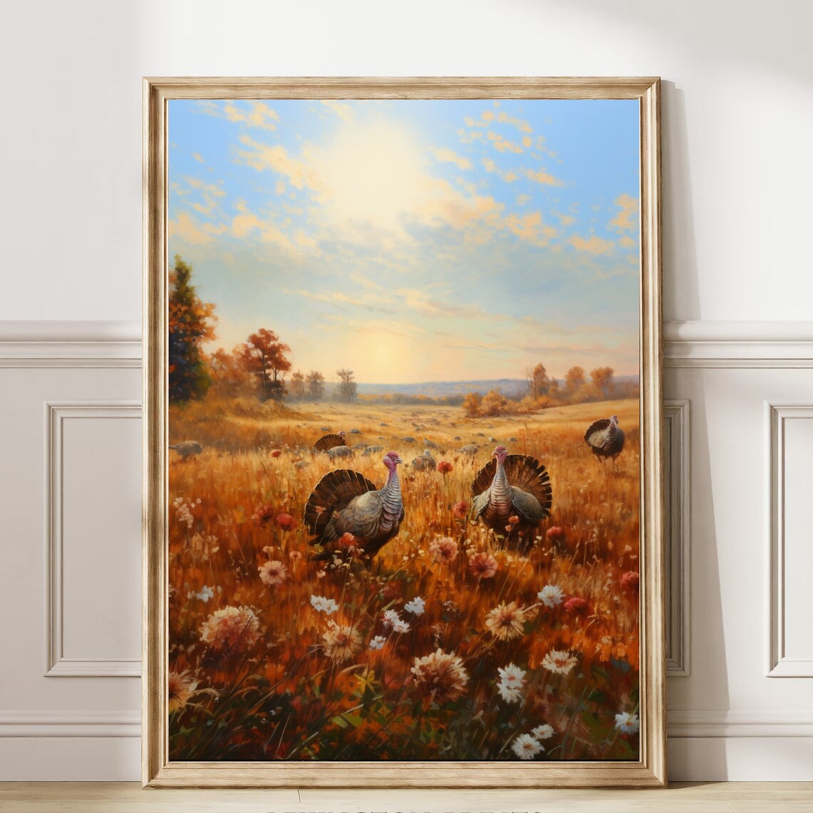 Wild Turkeys in Autumn Meadow Wildflower Field Painting Poster - Image 6