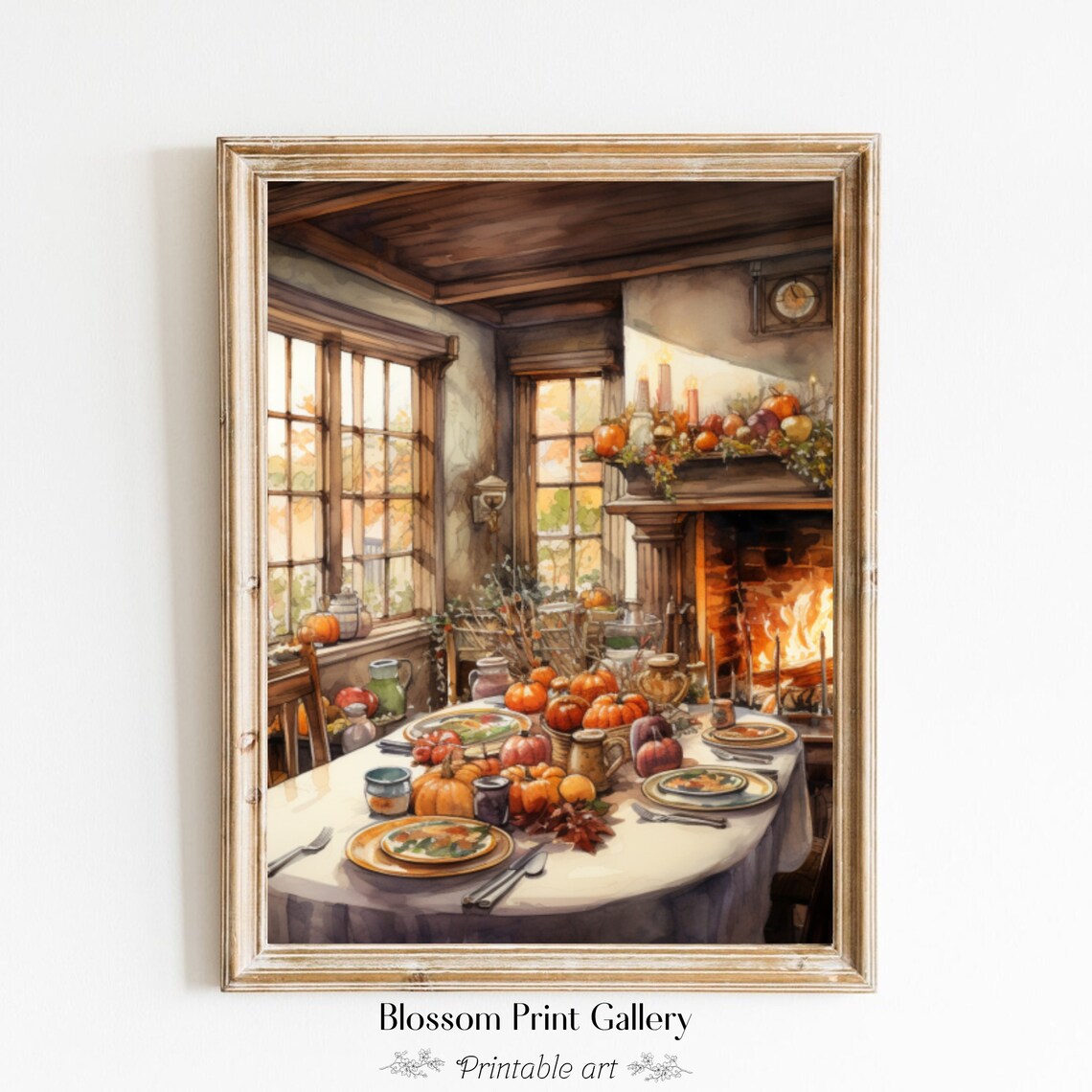Cozy Harvest Thanksgiving Table by Fireplace Painting Poster
