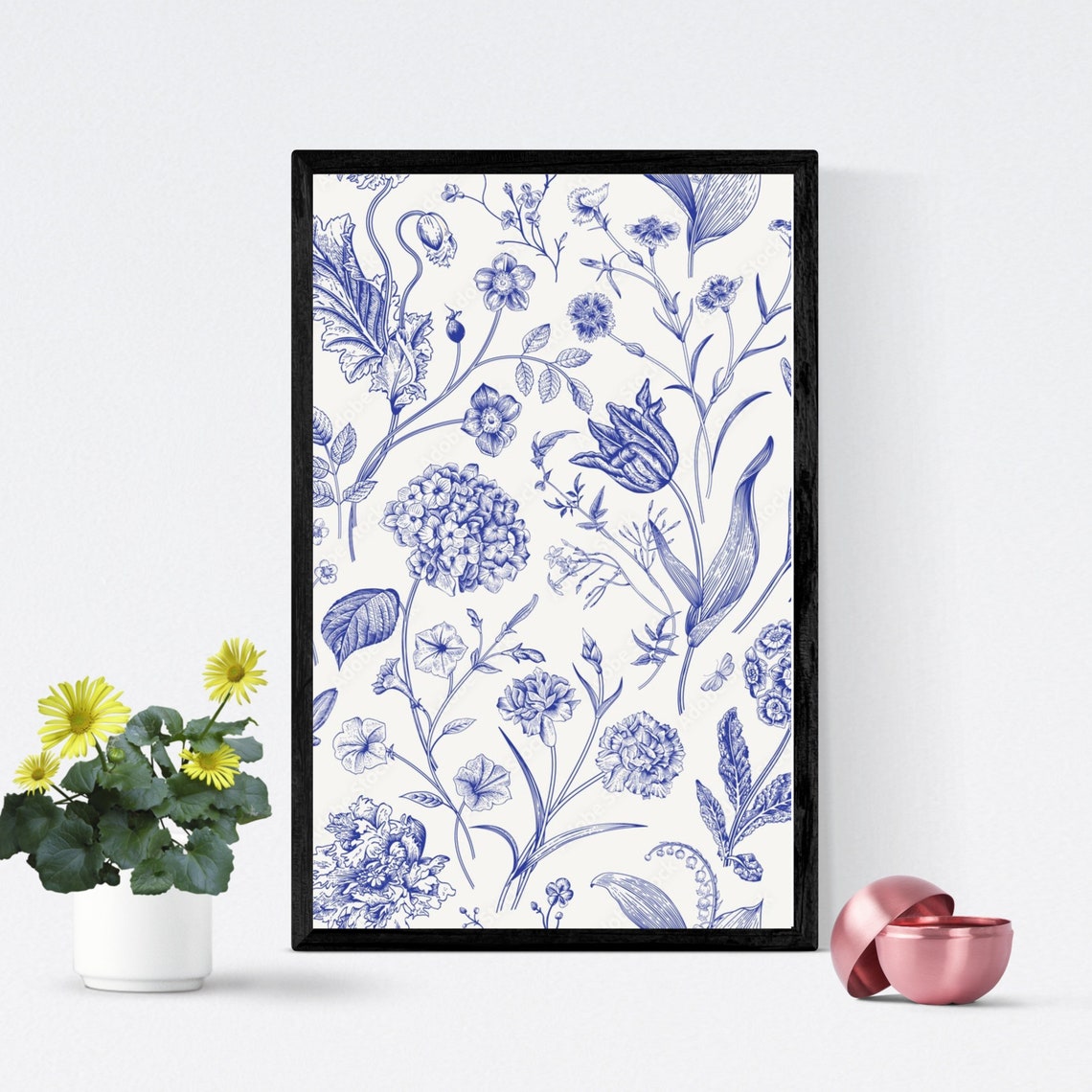 Blue White Botanical Toile Floral Line Illustration Garden Poster - Image 4