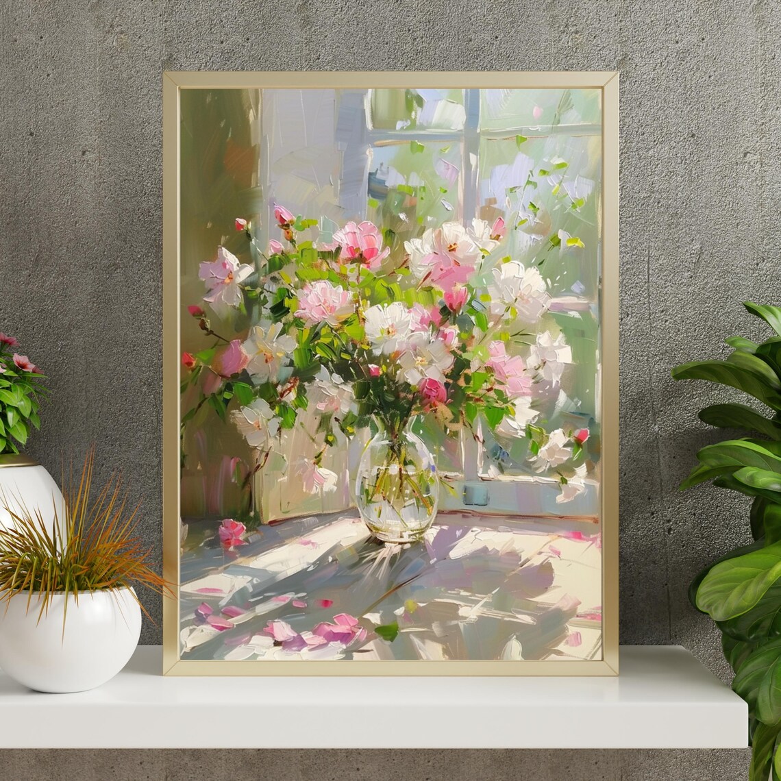 Sunlit Pink Roses in Glass Vase by Window Impressionist Floral Painting Poster - Image 4