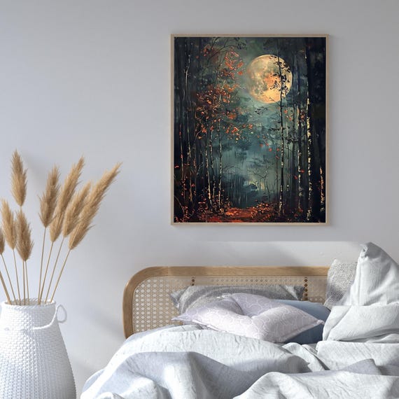 Forest On Full Moon Wall Art Fall Landscape Painting Cottagecore Aesthetic Room Decor Dark Academia Night Landscape 666