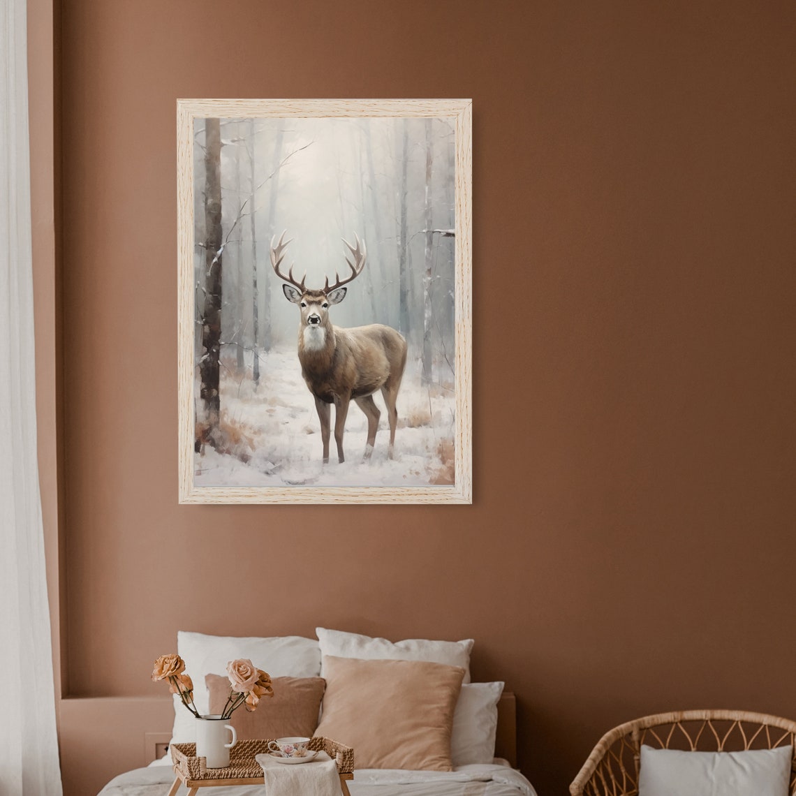 White Tailed Deer Stag Snowy Forest Winter Wildlife Art Poster - Image 3