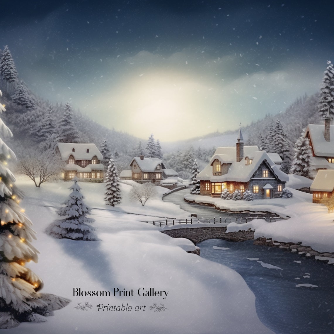Snowy Christmas Village with Bridge at Dusk Winter Painting Poster - Image 2