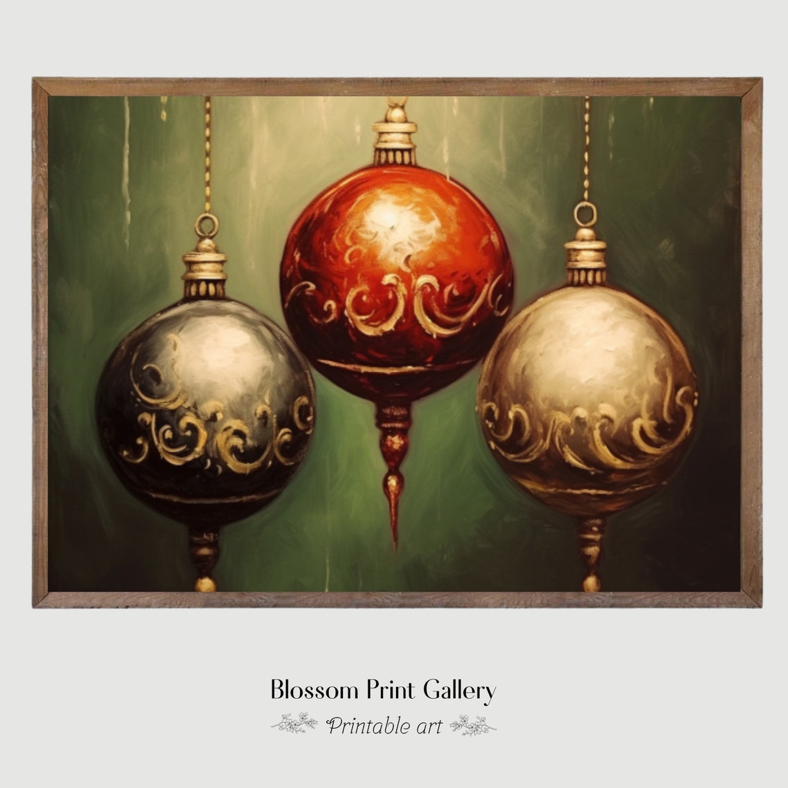 Vintage Christmas Baubles Hanging in Gold and Red Holiday Wall Art - Image 6