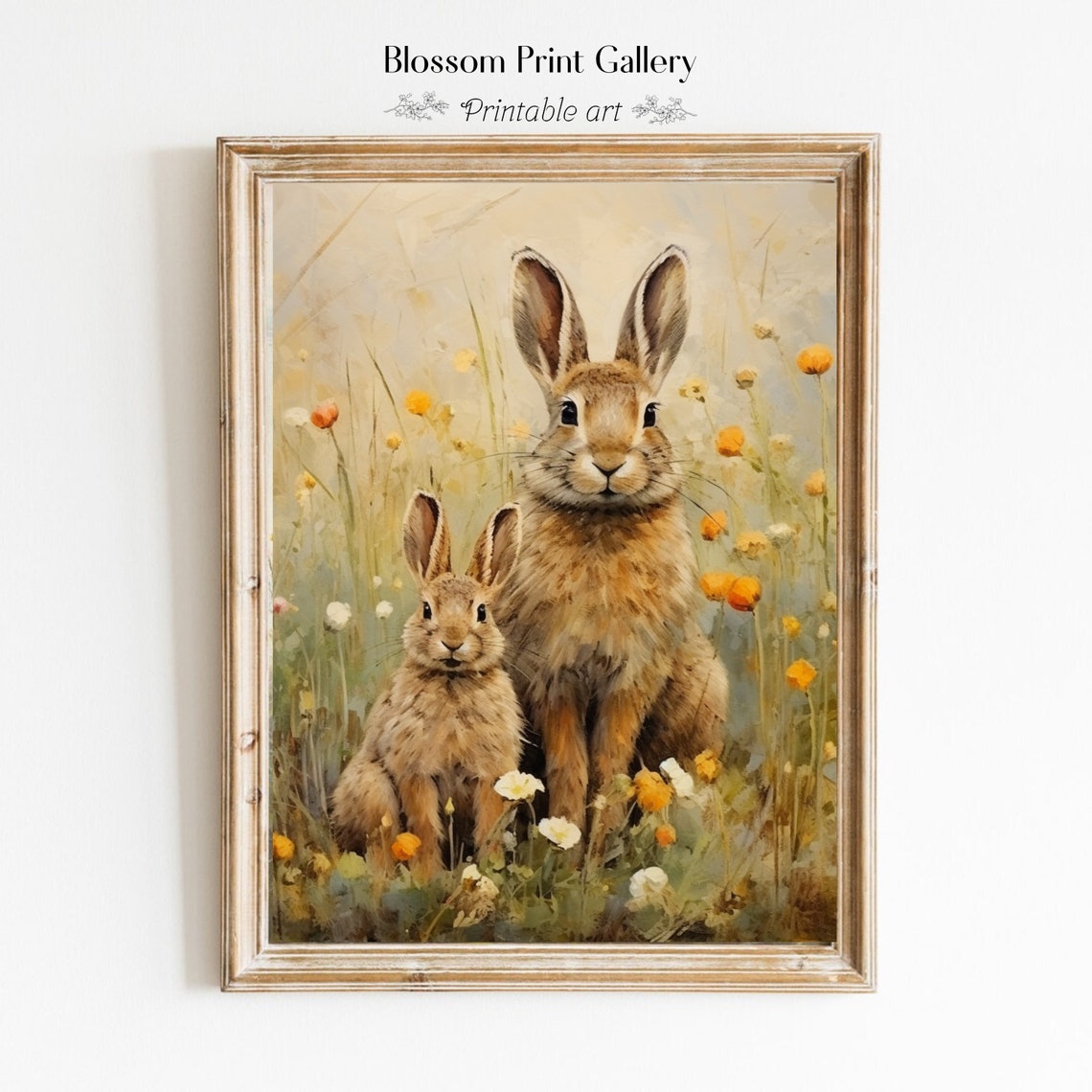 Two Hares in a Wildflower Meadow Rustic Vintage Animal Wall Art