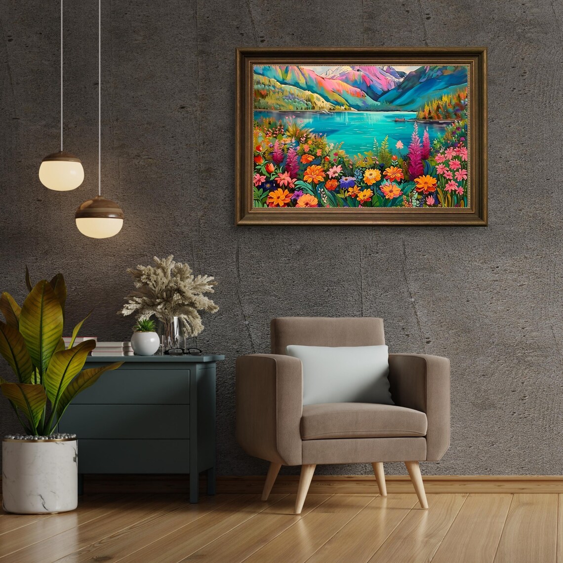 Rainbow Mountain Lake with Wildflower Shores Colorful Landscape Poster - Image 4