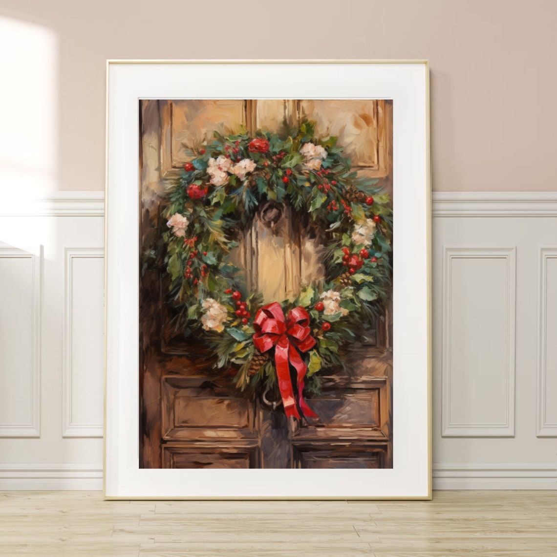 Christmas Wreath On Rustic Wooden Door With Red Bow Painting Poster - Image 6