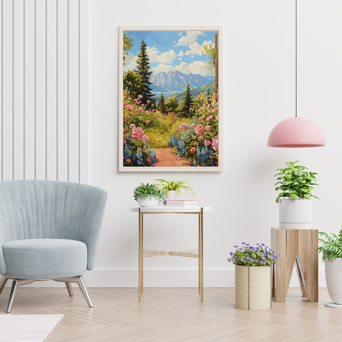 Garden Window Mountain View Pink Peony Summer Landscape Poster - Image 6