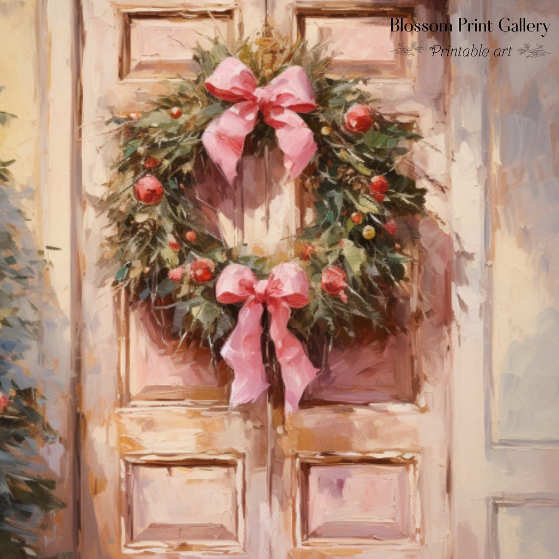 Pink Bow Christmas Wreath Vintage Door Holiday Painting Poster - Image 3