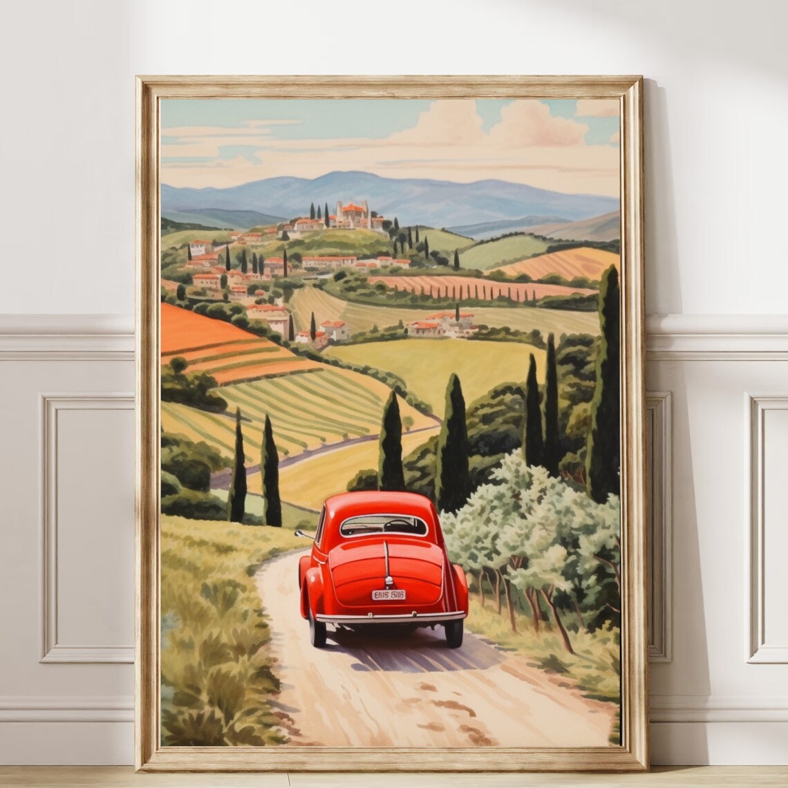 Red Vintage Car Tuscany Countryside Road Retro Travel Art Poster - Image 6