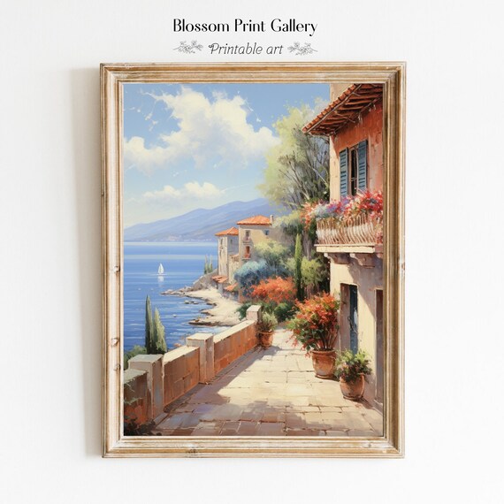 Mediterranean Coastal Village Terrace Blue Sea Summer Poster