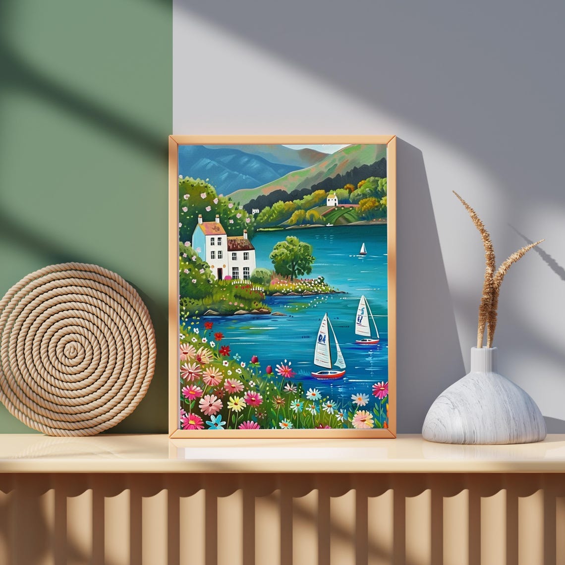 Vivid Coastal Lake Sailboats Folk Art Landscape Summer Poster - Image 5