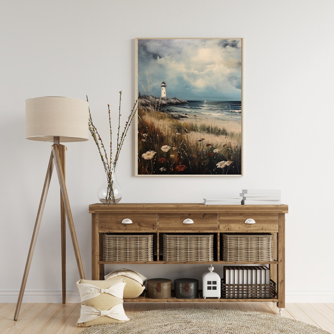 Moody Lighthouse on Rocky Coast Seascape Oil Painting Poster - Image 5