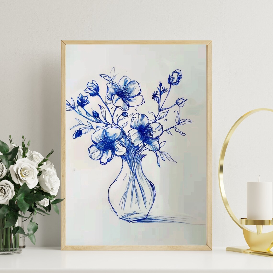 Blue Ink Sketch Wildflowers In Vase Minimalist Line Art Poster - Image 6