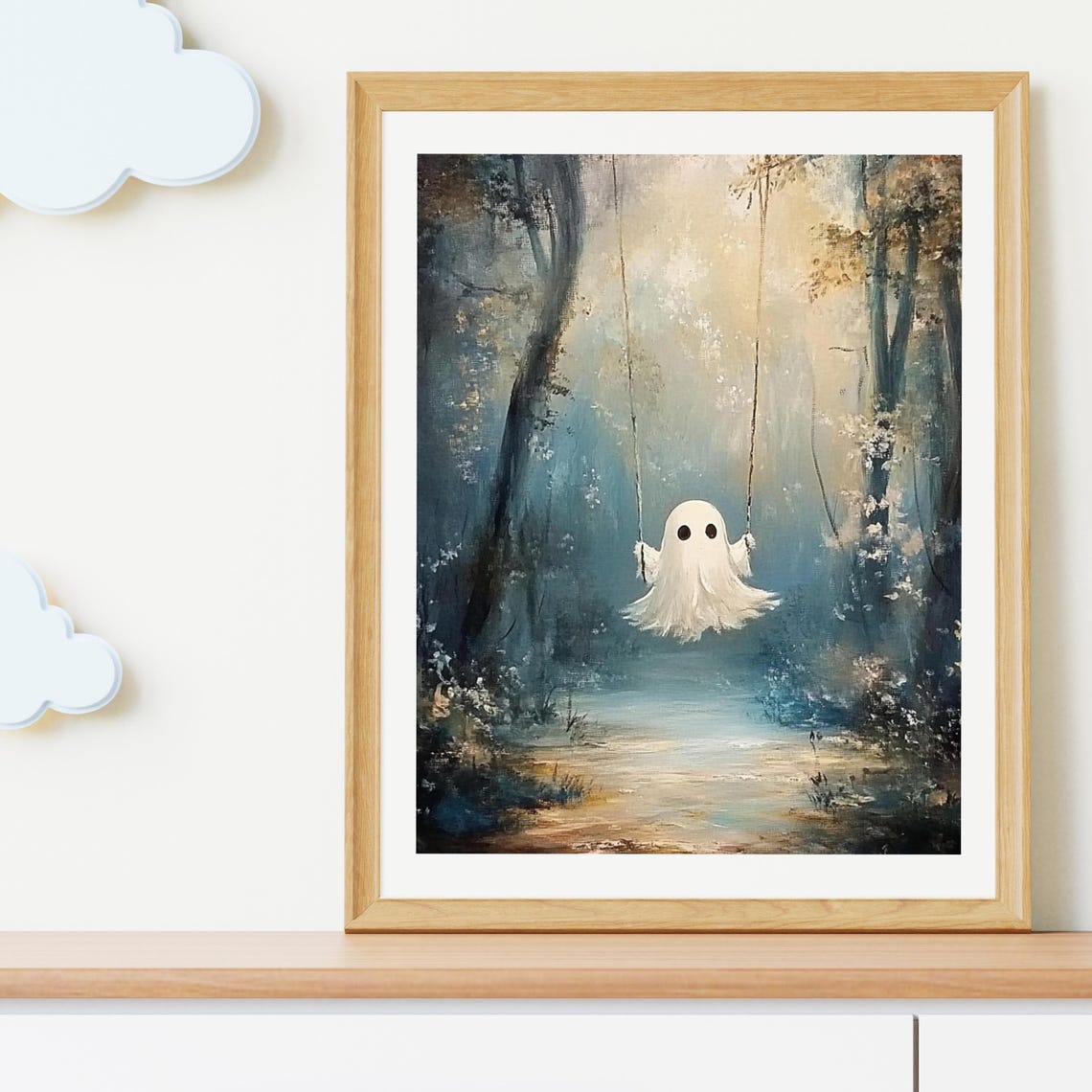 Cute Ghost On A Swing In A Misty Blue Forest Halloween Poster - Image 3