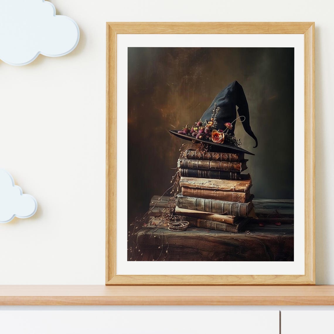Witch Hat On Stack Of Antique Books Dark Halloween Painting Poster - Image 2