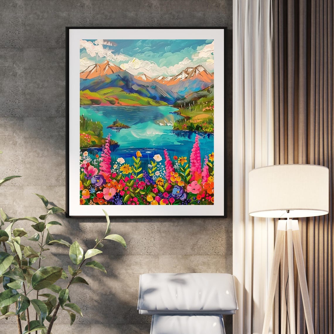 Colorful Mountain Lake with Wildflowers Vibrant Landscape Poster - Image 3