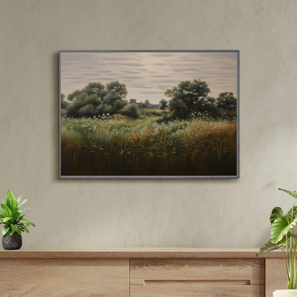 Moody Landscape Oil Painting Dark Pastoral Landscape Print Antique Scenery Home Decor Vintage Wildflower Painting 731 - Image 6