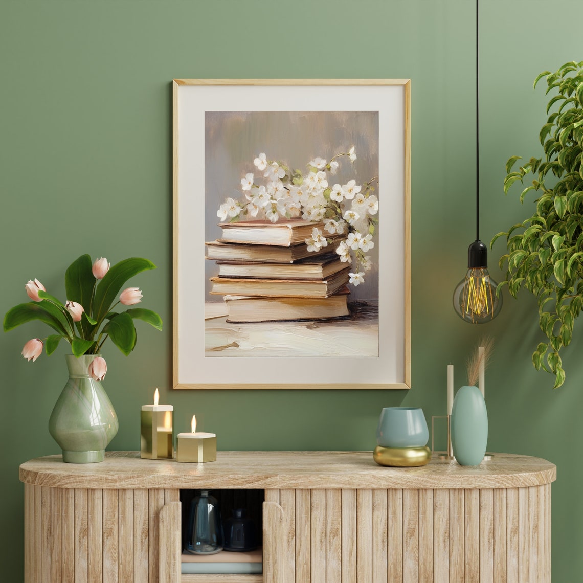 Stack Of Vintage Books Topped With White Spring Blossom Branches Print - Image 4