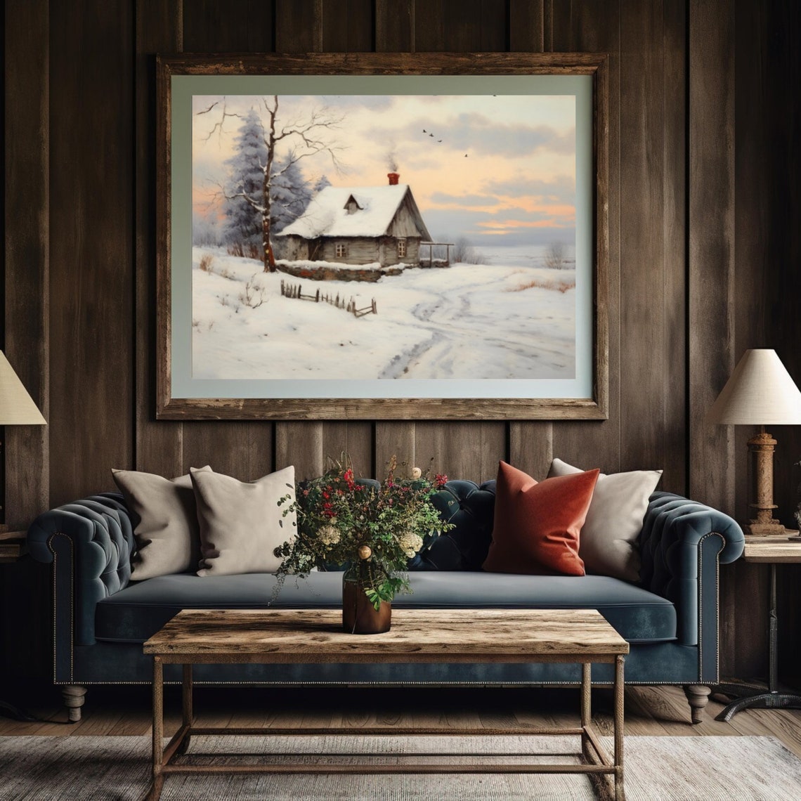 Rustic Winter Cabin At Sunset Birds Vintage Landscape Art Poster - Image 5