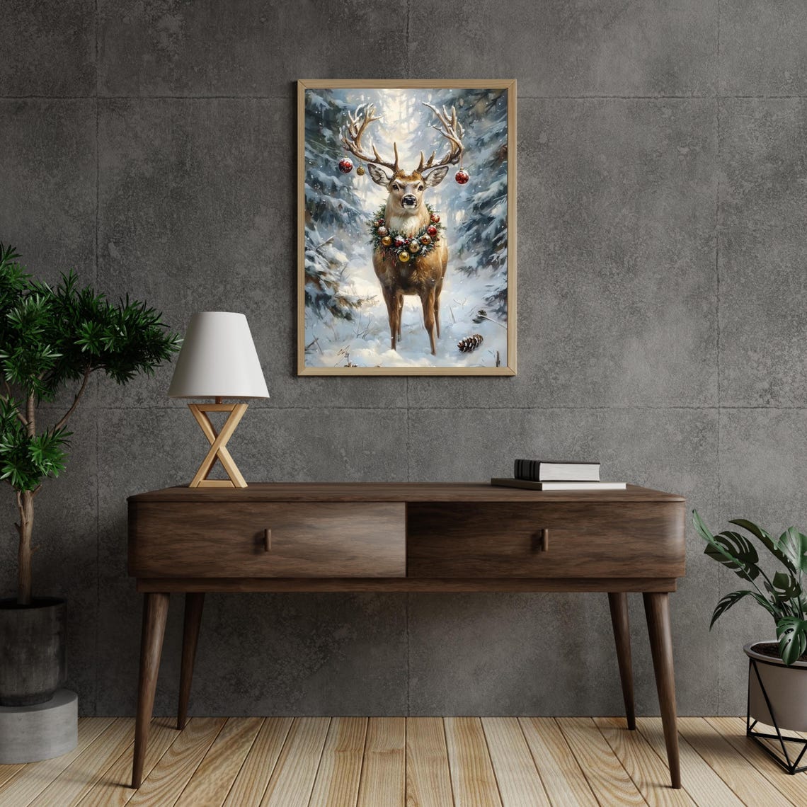 Majestic Deer With Ornament Wreath In Snowy Christmas Forest Poster - Image 2