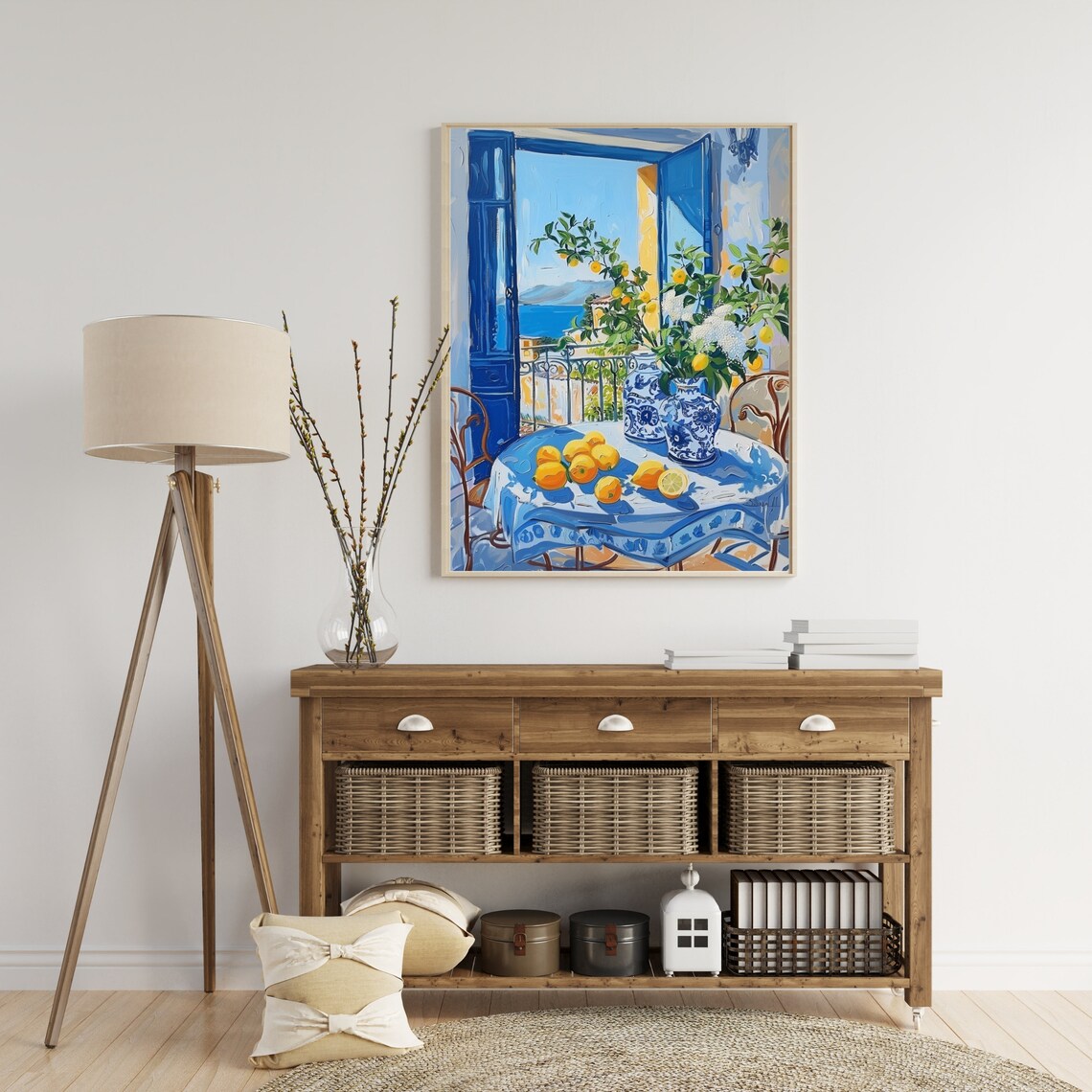 Sunny Mediterranean Balcony with Lemons and Blue Shutters Painting Poster - Image 6