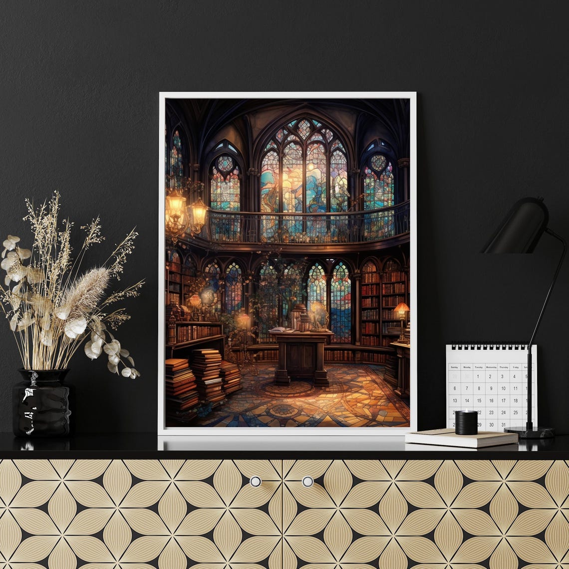 Magical Gothic Library with Stained Glass Windows Painting Poster - Image 3