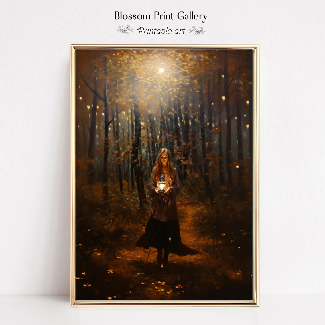 Woman Holding Lantern In Autumn Forest At Dusk Painting Poster - Image 6