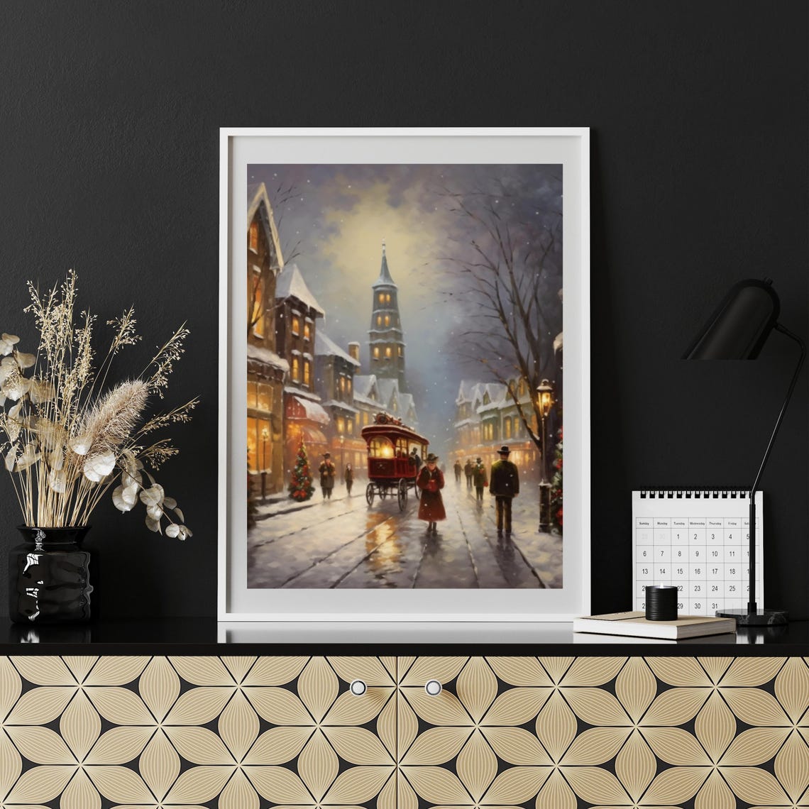 Vintage Christmas Wall Art City Street Painting Festive Holiday Home Decor Snowy Town Artwork Winter Street - Image 4