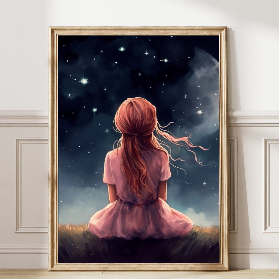 Little Girl Watching Stars and Moon Night Sky Painting Poster - Image 6