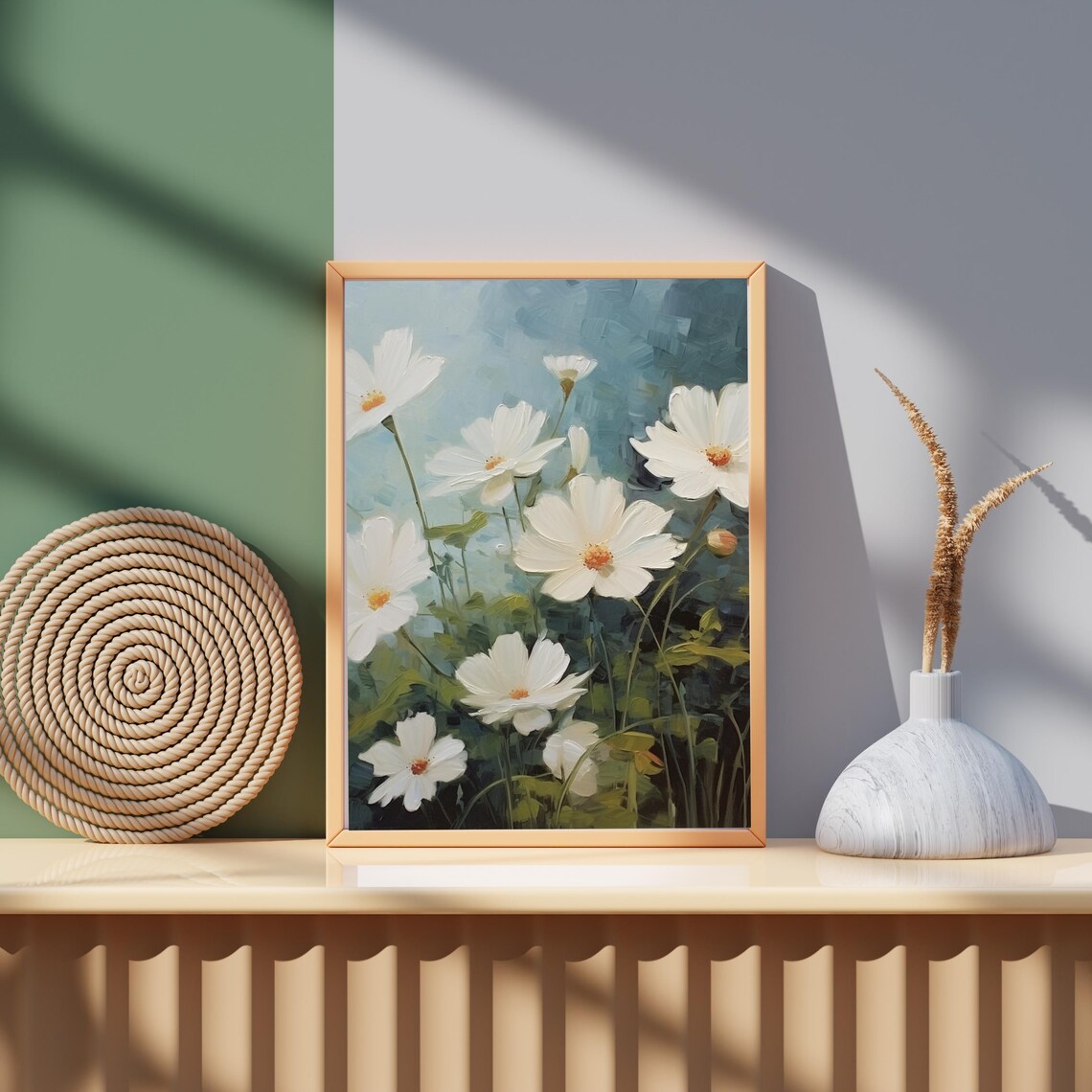 White Cosmos Flowers Impressionist Blue Summer Garden Oil Painting Poster - Image 5