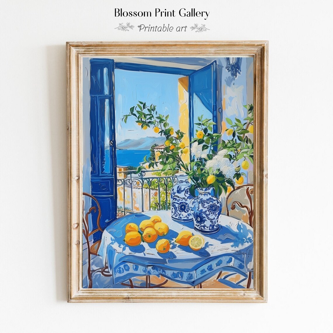 Sunny Mediterranean Balcony with Lemons and Blue Shutters Painting Poster